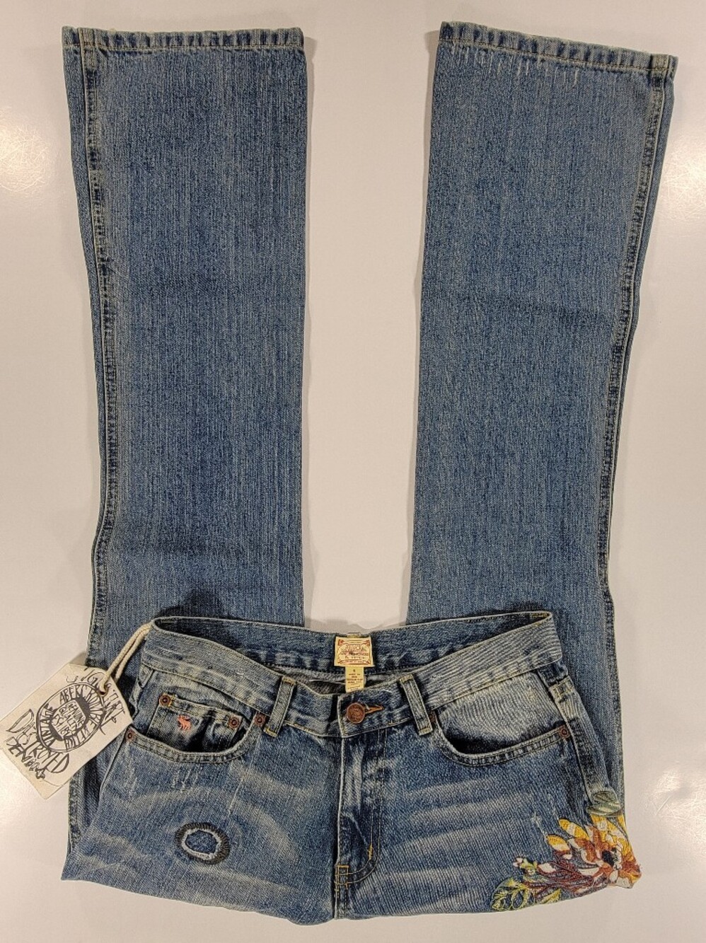 Vintage Y2K 90s Abercrombie & Fitch Flare Jeans 6 Womens Floral Embroidered NEW - Picture 7 of 16